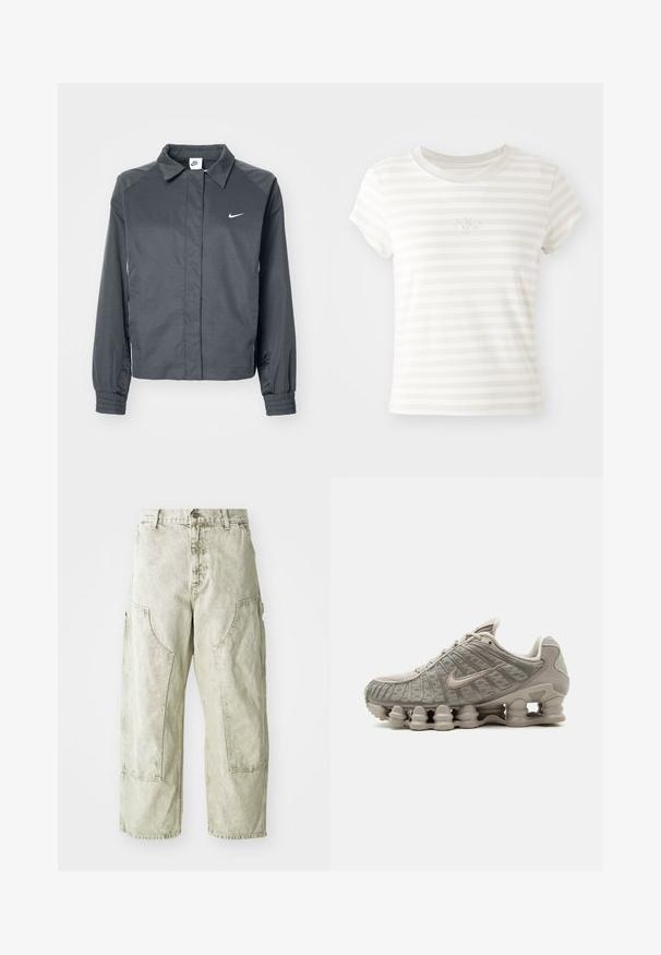 Nike Sportswear Letná bunda - black; Biele prúžkové tričko s krátkym rukávom vyrobené z mäkkej bavlny. Má okrúhly výstrih a malé vyšívané logo Nike na hrudi.; Svetlozelené široké cargo nohavice vyrobené z denimu, s veľkými bočnými vreckami, zapínaním na gombík a zips, a viditeľnými švovými detailami.; Svetlobéžová teniska Nike Shox s viditeľnou stĺpovitou tlmiacou podrážkou a vrchnými sieťovinovými detailmi.