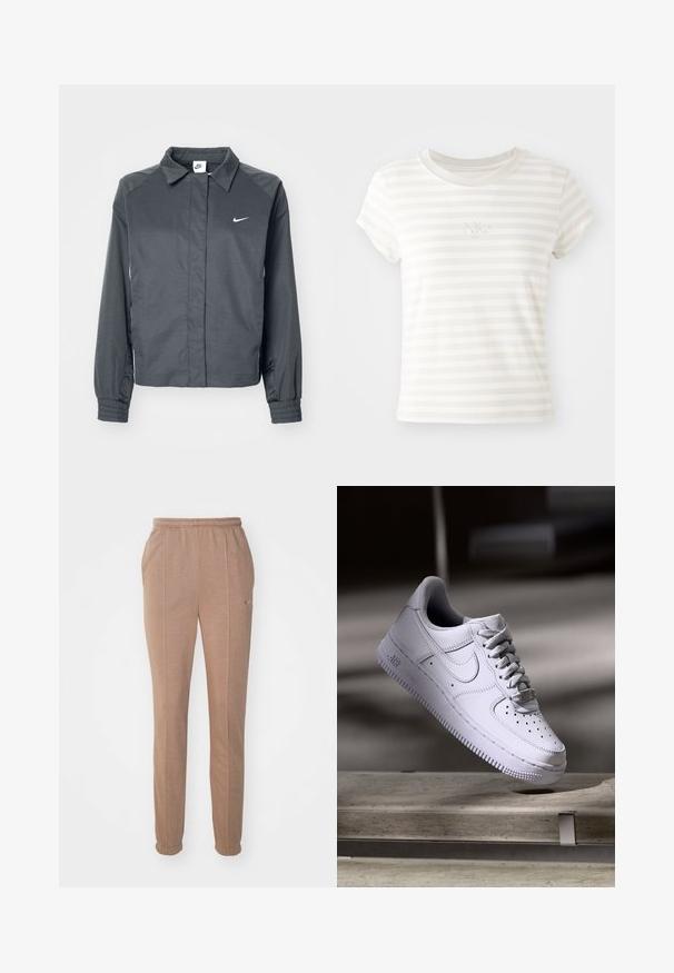 Nike Sportswear Letná bunda - black; Biele prúžkové tričko s krátkym rukávom vyrobené z mäkkej bavlny. Má okrúhly výstrih a malé vyšívané logo Nike na hrudi.; Hnedé športové nohavice s elastickým pásom, bočnými vreckami, zúženými nohavicami a nenápadným logom Nike. Vyrobené z mäkkého, textúrovaného materiálu.; Biele tenisky Nike Air Force 1 vznášajúce sa nad betónovým povrchom so tieňmi v minimalistickom prostredí.