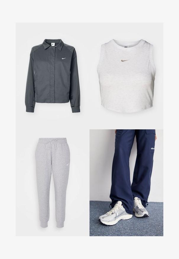 Nike Sportswear Chaqueta fina - black; Top corto blanco hecho de una tela suave y texturizada. Presenta un cuello redondo y un diseño sin mangas, con un pequeño logotipo dorado de Nike en la parte delantera.; Pantalones de chándal de color gris claro con cintura ajustable, piernas ajustadas y un pequeño logo blanco en el muslo izquierdo. Hechos de una tela suave y texturizada.; Zapatillas deportivas Nike con parte superior de malla plateada, acentos blancos y suelas texturizadas, combinadas con pantalones azul marino de corte holgado.