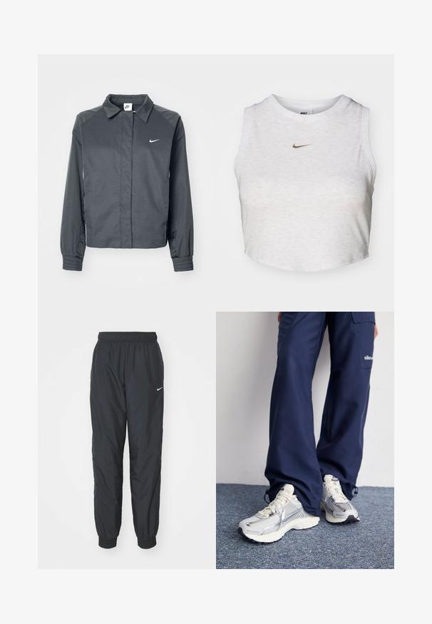 Nike Sportswear Chaqueta fina - black; Top corto blanco hecho de una tela suave y texturizada. Presenta un cuello redondo y un diseño sin mangas, con un pequeño logotipo dorado de Nike en la parte delantera.; Pantalones de chándal negros de Nike hechos de un tejido ligero, con una cinturilla y puños elásticos, y un pequeño logo blanco en la pierna izquierda.; Zapatillas deportivas Nike con parte superior de malla plateada, acentos blancos y suelas texturizadas, combinadas con pantalones azul marino de corte holgado.