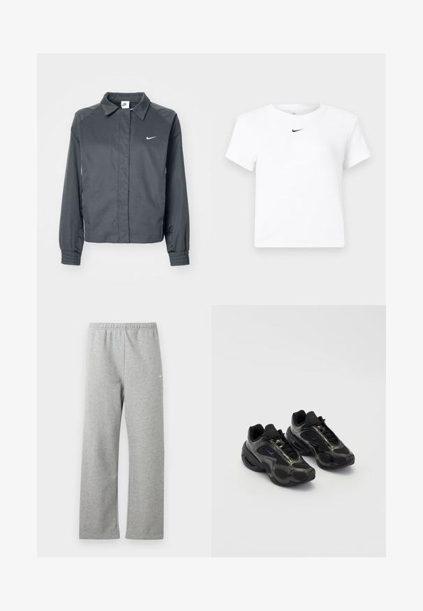 Nike Sportswear Letná bunda - black; Biele krátke tričko značky Nike s krátkym rukávom a zrezaným strihom, s malým čiernym logom Nike swoosh umiestneným pod výstrihom uprostred.; Svetlosivé tepláky s elastickým pásom a malým bielym logom Nike na hornej časti stehna, zobrazené na bielom pozadí.; Čierne športové topánky so syntetickým materiálom, sieťovanými akcentmi a zaoblenými podrážkami. Majú šnurovací systém a výrazné logo Nike na jazyku.