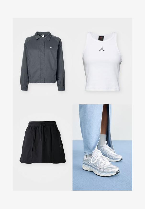 Nike Sportswear Letná bunda - black; Biely crop tank top vyrobený z bavlny s rebrovanou textúrou. Obsahuje čierne logo Jordan v strede a klasický okrúhly výstrih.; Čierna športová sukňa s elastickým pásom a nastaviteľnou šnúrkou. Obsahuje bočné rozparky, ľahkú látku a malú nášivku na leme.; Strieborné a biele tenisky Nike s pevným a syntetickým overlayom, textúrovanými vzormi a bielymi šnúrkami, skombinované s svetlošedými ponožkami a džínsovou sukňou.