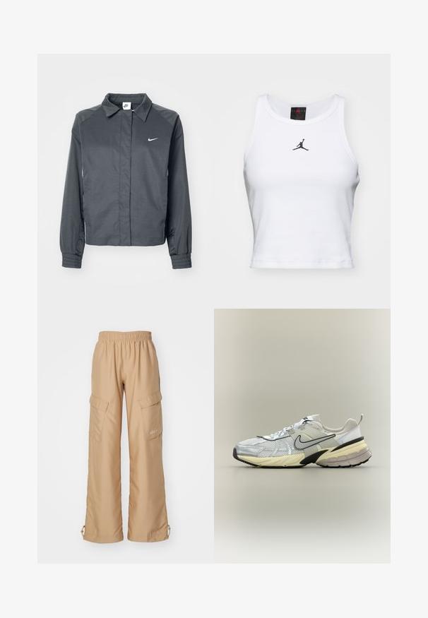 Nike Sportswear Let jakke / Sommerjakker - black; Hvid cropped tanktop lavet af bomuld med ribbet tekstur. Har et sort Jordan-logo i midten og en klassisk rund halsudskæring.; Nike Sportswear TREND - Cargobukser - hemp; Hvid og grå Nike-sneaker med mesh-overdel, sort swoosh, beige mellemsål og sort ydersål på en lys baggrund.
