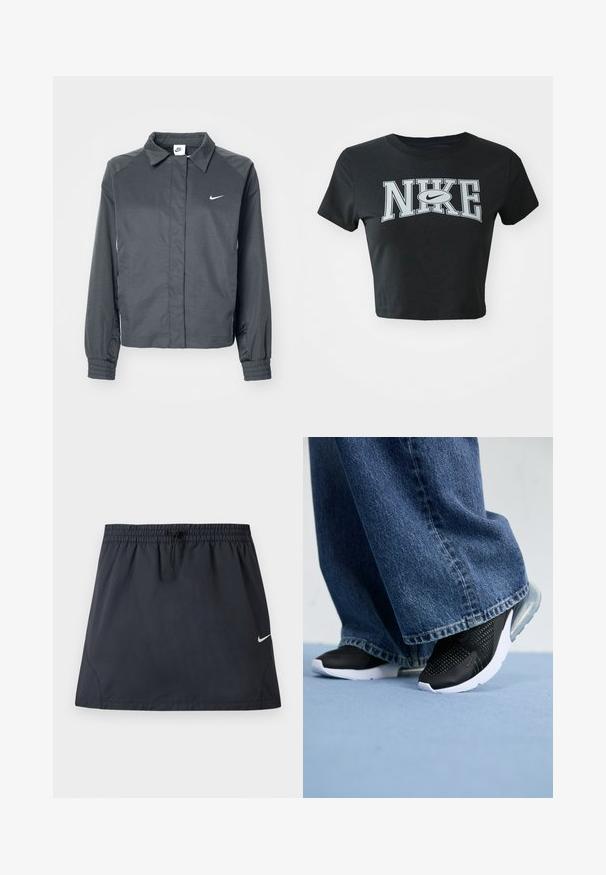Nike Sportswear Let jakke / Sommerjakker - black; Sort cropped t-shirt lavet af blødt stof med rund halsudskæring. Har stort hvidt Nike-logo i fed skrift på forsiden.; Sort atletisk nederdel med elastisk taljebånd og justerbar snøre, med en lille hvid Nike swoosh-logo på højre side.; Sorte atletiske sko med mesh-detaljer, hvid sål og synlig luftpolstring, parret med blå denim bukser med vide ben.