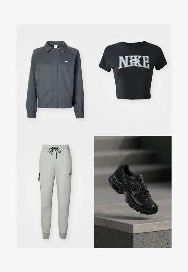 Nike Sportswear Letná bunda - black; Čierne skrátené tričko z mäkkej tkaniny s okrúhlym výstrihom. Na prednej strane sa nachádza veľké biele logo Nike v tučnom písmene.; Šedé tepláky vyrobené z mäkkého materiálu s pásom na šnúrku, zúženými nohavicami a zipsovou vreckom na ľavej strane. Obsahujú čierne logo.; Čierna bežecká topánka Nike s sieťovinovou a syntetickou vrchnou časťou vznášajúca sa nad betónovým povrchom a schodíkmi v pozadí.