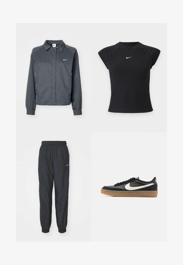 Nike Sportswear Suvejakk - black; Must lühikeste varrukatega top soonilise tekstuuriga, varustatud ümmarguse kaelusega ja väikese valge Nike logoga rinnal.; Mustad Nike spordipüksid, mis on valmistatud kergest kangast, elastse vöökoha ja mansettidega, vasaku jala peal on väike valge logo.; Mustad mustus treeningjalats tekstureeritud nahast pealsega, valge swooshi logo ja kummist tallaga. Lööki neelav kaelaosa ja lipsu sulg.