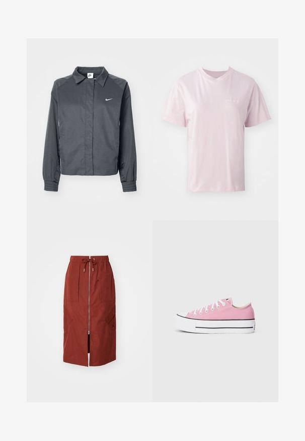 Nike Sportswear Leichte Jacke - black; Helles rosa Baumwoll-T-Shirt mit rundem Halsausschnitt, kurzen Ärmeln und einem dezenten Logo in Weiß auf der linken Brustseite.; Midikleid in terrakottarot, mit einem Frontreißverschluss, elastischem Bund mit Kordelzug und seitlichen Taschen mit geometrischem Design.; Rosa Leinenschuhe mit klassischem Niedrigprofil, weißer Gummi-Zehenkappe und schwarzen Akzentstreifen an der Sohle. Flache weiße Schnürsenkel.
