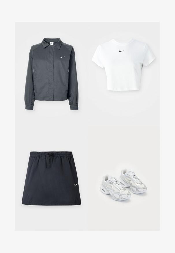 Nike Sportswear Chaqueta fina - black; Camiseta corta blanca de algodón, con mangas cortas y cuello redondo, y un logo negro de Nike en el pecho.; Falda deportiva negra con cintura elástica y cordón ajustable, con un pequeño logo del swoosh de Nike en blanco en el lado derecho.; Zapatillas deportivas blancas con parte superior de malla y acentos plateados, una forma única y amortiguación de aire en el talón. Diseño con cordones y logotipo.
