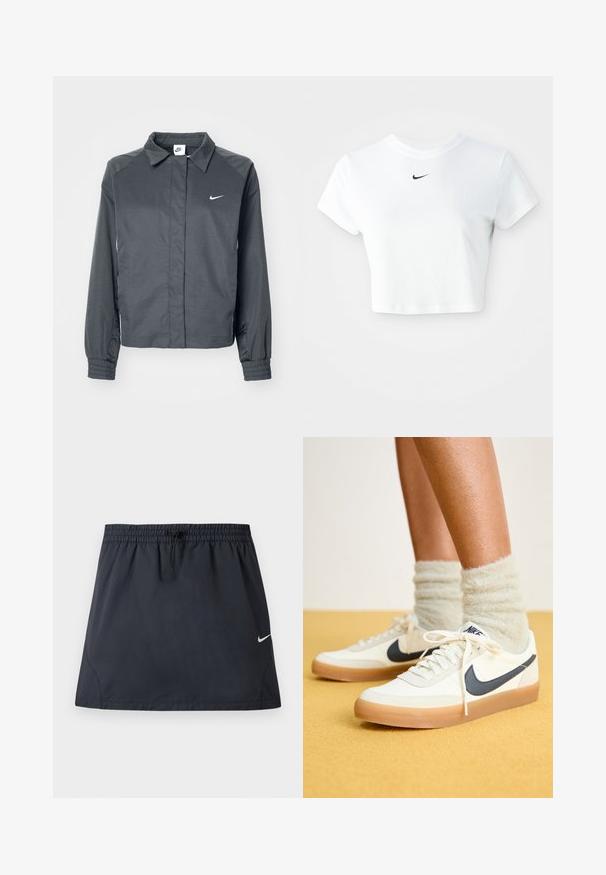 Nike Sportswear Letná bunda - black; Biely skrátený tričko vyrobené z bavlny, s krátkymi rukávmi a okrúhlym výstrihom, s čiernym logom Nike na hrudi.; Čierna športová sukňa s elastickým pásom a nastaviteľným sťahovacím šnúrkou, s malým bielym logom Nike Swoosh na pravej strane.; Biele tenisky Nike s námorníckym logom, textúrovaná tkanina, biele šnúrky a gumená podrážka, kombinované s chlpatými svetlozelenými ponožkami. Žlté pozadie.