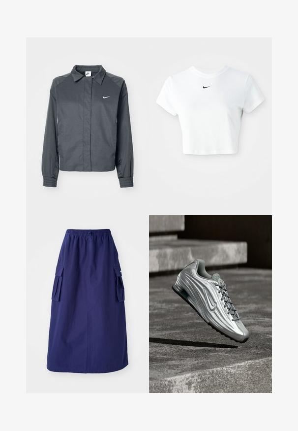 Nike Sportswear Suvejakk - black; Valge lühikeste varrukatega puuvillane lühike t-särk ümarate kaelustega, millel on rinna peal must Nike logo.; Tumedat sinine, keskpikk seelik elastse vöökohtaga, millel on kaks külgmist cargo-taskut ja minimaalne logo detail. Sile kangastekstuud.; Hõbedane Nike toss, millel on tekstuuriga küljes disain ja hallid paelad, hõljumas betoonastmete kohal summutatud õues keskkonnas.