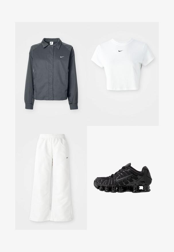 Nike Sportswear Let jakke / Sommerjakker - black; Hvid kortærmet t-shirt lavet af bomuld, med korte ærmer og rund halsudskæring, og med et sort Nike-logo på brystet.; Hvide atletiske bukser med et bredbenet design, elastisk talje og et lille sort Nike-logo på venstre side. Glat, let materiale.; Sort atletisk sko med mesh-overdel og glatte overlays. Har buet spiralbøsningsdæmpning og strukturerede linjer på siden. Nike-logoet er synligt.