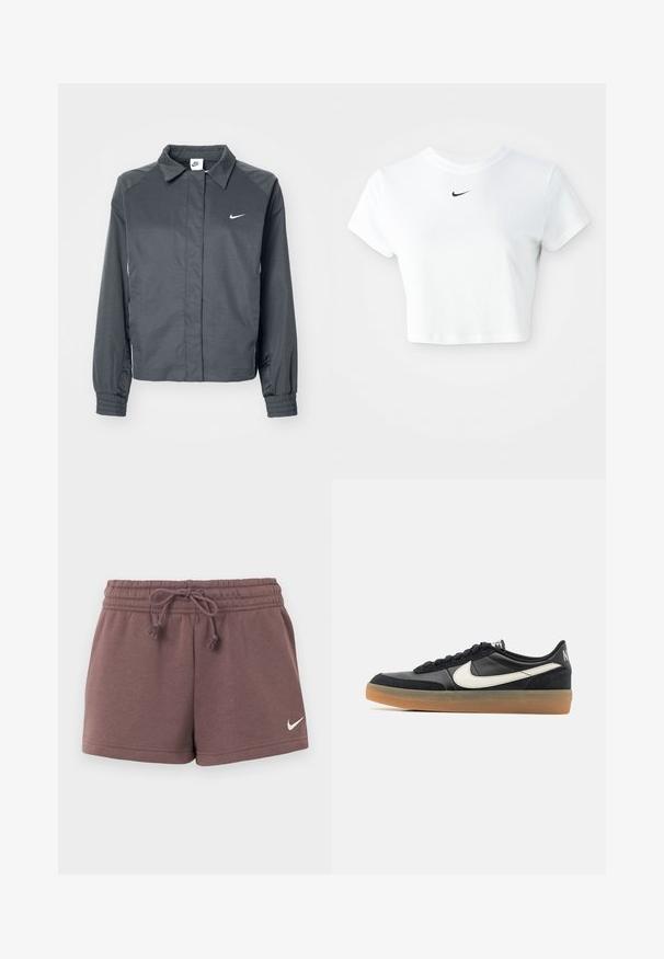 Nike Sportswear Letná bunda - black; Biely skrátený tričko vyrobené z bavlny, s krátkymi rukávmi a okrúhlym výstrihom, s čiernym logom Nike na hrudi.; Hnedé šortky Nike s elastickým pásom a sťahovacou šnúrkou, s malým bielym logom Nike na ľavej nohe.; Čierna atletická obuv s textúrovaným koženým vrchom, bielym logom Swoosh a gumovou podrážkou. Šnurovací dizajn s polstrovaním v oblasti goliera.