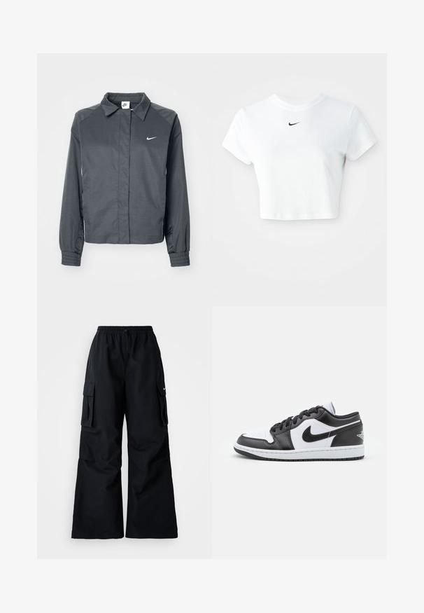 Nike Sportswear Letná bunda - black; Biely skrátený tričko vyrobené z bavlny, s krátkymi rukávmi a okrúhlym výstrihom, s čiernym logom Nike na hrudi.; Čierne cargo nohavice so širokými nohavicami, elastickým pásom, nastaviteľnou šnúrkou a dvoma bočnými vreckami. Vyrobené z hladkej, ľahkej tkaniny.; Čierno-biele nízke tenisky Nike majú hladký kožený zvršok, okrúlu špičku, šnurovacie zapínanie a vzorovanú gumovú podrážku.