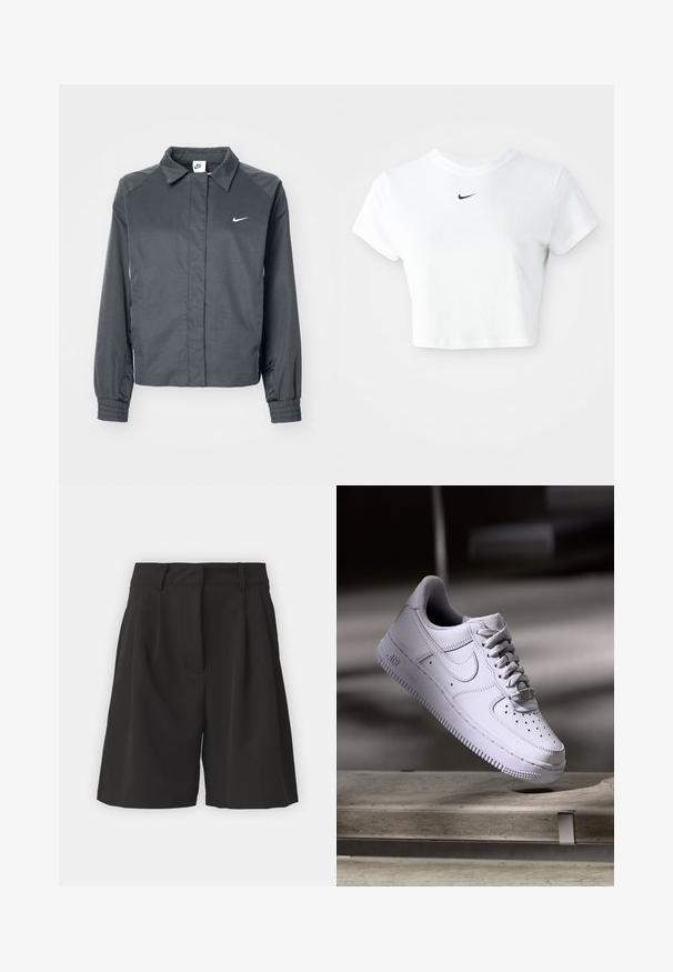 Nike Sportswear Suvejakk - black; Valge lühikeste varrukatega puuvillane lühike t-särk ümarate kaelustega, millel on rinna peal must Nike logo.; Mustad mustrid, millel on rafineeritud disain, esiosas pleated, laia vöökoha ja siledat tekstuuri. Nähtavad taskud puuduvad.; Valge Nike Air Force 1 toss, mis hõljub betoonpinna kohal, varjud minimalistlikus keskkonnas.