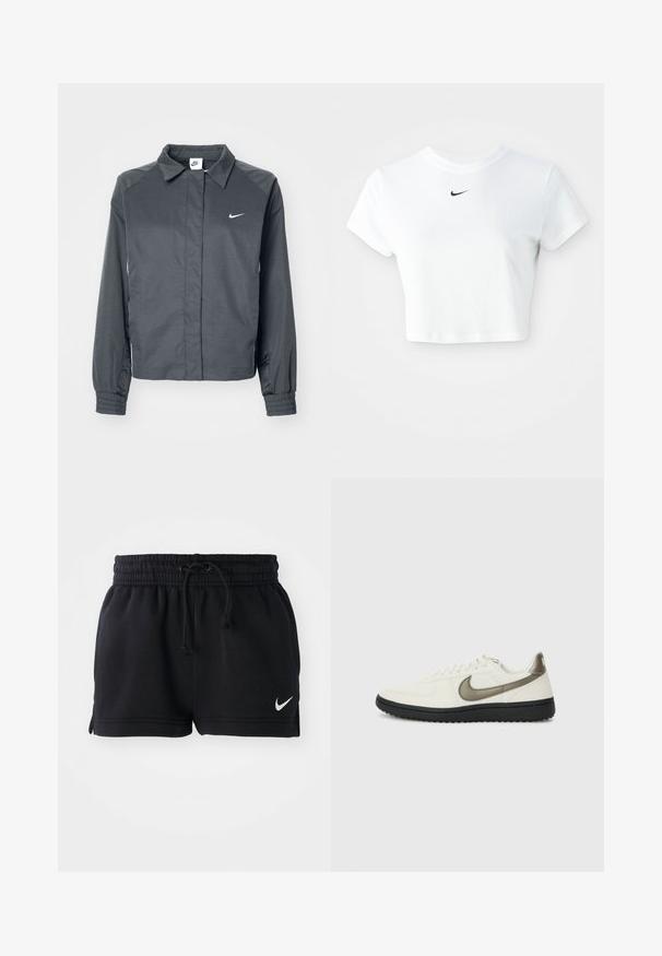 Nike Sportswear Leichte Jacke - black; Weißes, kurz geschnittenes T-Shirt aus Baumwolle mit kurzen Ärmeln und rundem Ausschnitt, versehen mit einem schwarzen Nike-Logo auf der Brust.; Schwarze Sportshorts aus weichem Material, mit einem elastischen Bund und Kordelzug, Seitenschlitzen und einem kleinen weißen Logo am Saum.; Nike Sportswear FIELD GENERAL - Sneaker low - off-white/black