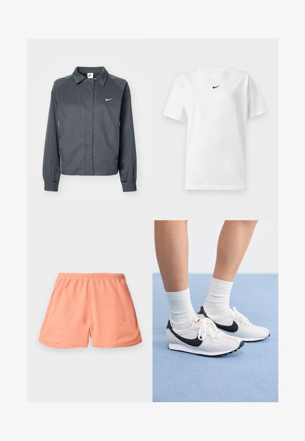 Nike Sportswear Suvejakk - black; Valge lühikeste varrukatega ümarakaelusega T-särk, millel on väike must Nike Swoosh logo krae lähedal keskel.; Roosa ribaga spordilühikesed püksid elastse vöökoha ja külgõmblustega, mille vasakus alumises nurgas on väike logo.; Valged võrgusilma tossud mustade aktsentidega, ümmargune varvas ja lame kummist talla. Kombineeritud ribakujuliste valgete sokkidega.
