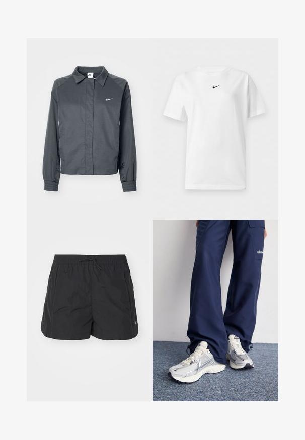 Nike Sportswear Suvejakk - black; Valge lühikeste varrukatega ümarakaelusega T-särk, millel on väike must Nike Swoosh logo krae lähedal keskel.; Mustad mustad lühikesed püksid, mis on valmistatud kergest materjalist, elastse vöökaare ja paelaga, külgtaskud ja väike logoaktsent.; Nike spordijalatsid hõbedase võrkkanga ülaosaga, valgete aktsentidega ja tekstuuriga tallad, koos laia lõikega tumesiniste pükstega.