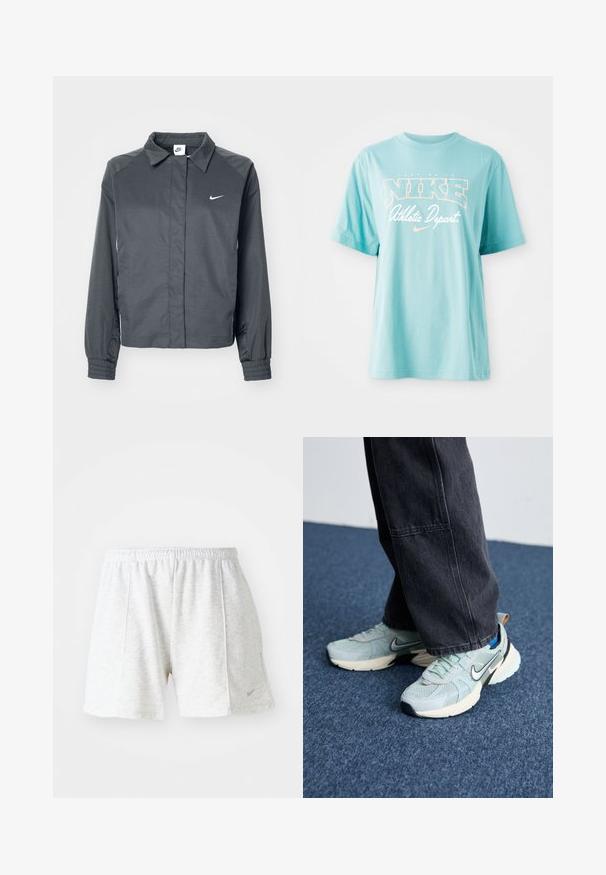 Nike Sportswear Letná bunda - black; Svetlomodré bavlnené tričko s krátkymi rukávmi a okrúhlym výstrihom. Obsahuje biele a broskyňové logo a text "NIKE".; Šedé športové šortky vyrobené z ľahkého materiálu, s elastickým pásom, prešitými detailmi a malým logom na spodnej ľavej strane.; Svetlo modré sieťované Nike tenisky s textúrovaným povrchom, čiernym swooshom a krémovou medzipodrážkou, skombinované s tmavošedými širokými nohavicami.
