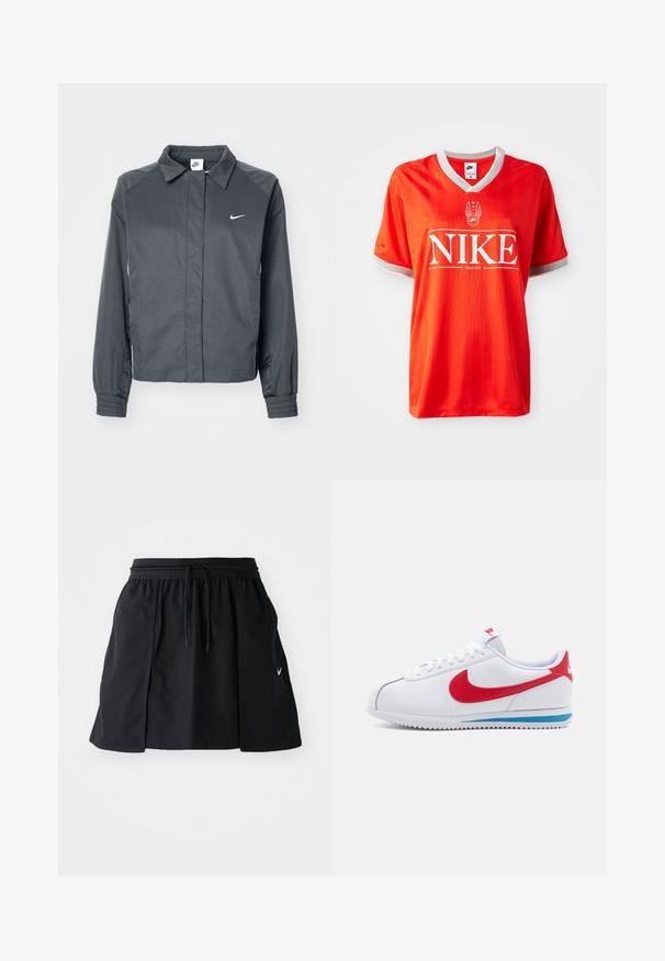 Nike Sportswear Let jakke / Sommerjakker - black; Rød Nike trøje med V-hals, grå pynt på ærmerne og stort hvidt "NIKE" logo. Glat, letvægtsstof med subtilt stribet mønster.; Sort sportskørt med elastisk talje og justerbar snor. Har sideslids, letvægtsstof og et lille logo på kanten.; Hvide sneakers med en rød swoosh, blå detalje på sålen og hvide snørebånd. Tekstureret overdækning med stitched detaljer. Klassisk design.