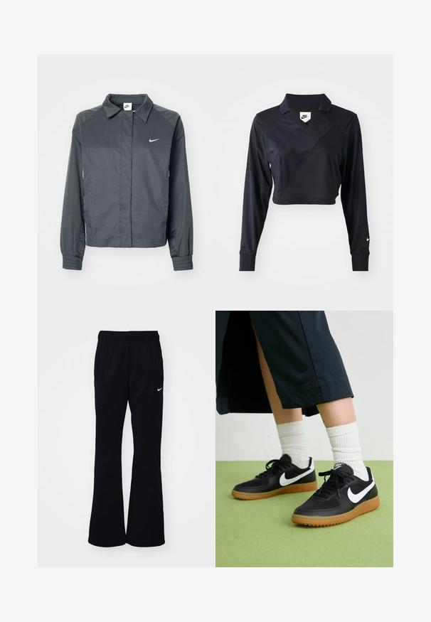 Nike Sportswear Let jakke / Sommerjakker - black; Sort langærmet cropped polo-skjorte med V-hals, der har et diagonalt sømdesign, glat tekstur og et Nike-logo på ærmet.; Sorte sweatpants med elastisk talje, udvidede ben, to side lommer og et hvidt Nike-logo på venstre side.; Sorte læder- og syntetiske sneakers med hvid Nike swoosh, gummisål, rund tå og sorte snørebånd. Ribbede hvide sokker synlige.
