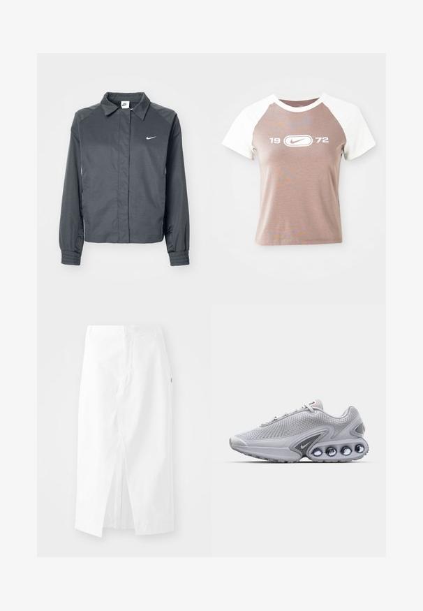 Nike Sportswear Let jakke / Sommerjakker - black; Kortærmet t-shirt med en lys brun krop og hvide raglanærmer, med et stort hvidt grafisk logo og årstallet "1972" centreret foran.; Hvid midi-skjørt i bomuld med lige snit, sideslids og skjult lynlås. Glat tekstur, minimalistisk design og ingen synlige udsmykninger.; Grå mesh løbesko med en struktureret design, som har en fremtrædende grå ydersål med runde reflekterende detaljer og et rødt logo på tungen.