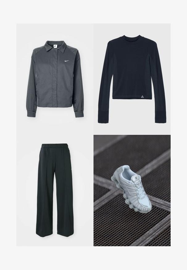 Nike Sportswear Let jakke / Sommerjakker - black; Langærmet navy top i ribbestrik med prikkede detaljer langs ærmerne og en høj halsudskæring. Varemærkets logo i nederste venstre hjørne.; Sorte, brede atletiske bukser med elastisk talje. Lavet af glat, strækbart stof, med diskrete frontsyninger og ingen lommer.; Lyseblå træningssko med en tekstureret overdel, der har en rund sål med cylindriske elementer og et fremtrædende logo på tungen.