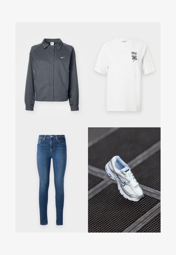 Nike Sportswear Chaqueta fina - black; Camiseta de algodón blanca con mangas cortas, cuello redondo y un trébol negro bordado con texto en el área izquierda del pecho.; Jeans ajustados en denim azul oscuro con cinco bolsillos, cierre frontal de botón y una textura suave. Ligeramente desgastados en los muslos y las rodillas.; Zapatilla deportiva de malla blanca con acentos plateados, costuras de color azul claro y un logo de swoosh negro. Cuenta con un collar acolchado y una suela texturizada.