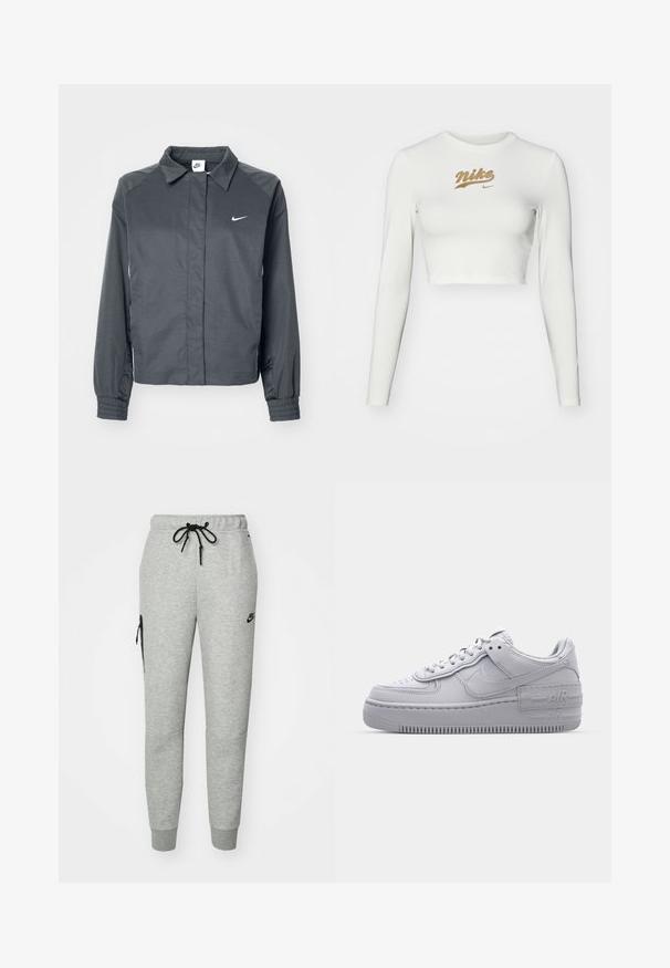 Nike Sportswear Letná bunda - black; Biele dlhé rukávy cropped tričko vyrobené z hladkej tkaniny, s potlačou zlatého loga Nike na hrudi a klasickým okrúhlym výstrihom.; Šedé tepláky vyrobené z mäkkého materiálu s pásom na šnúrku, zúženými nohavicami a zipsovou vreckom na ľavej strane. Obsahujú čierne logo.; Šedé tenisky Nike Air Force 1 s perforovanou špičkou, hladkým koženým zvrškom, hrubou podrážkou a embosovaným detailom 'AIR' na päte.