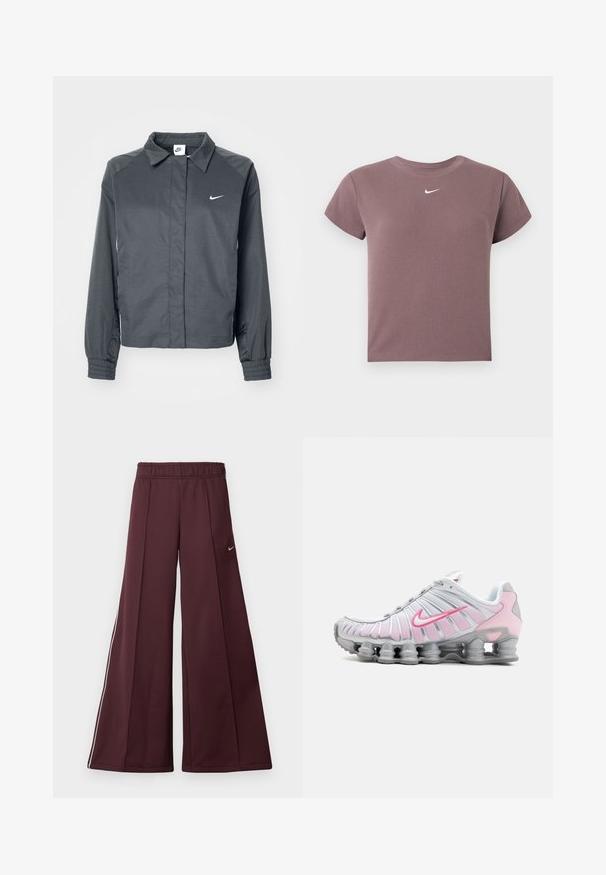 Nike Sportswear Let jakke / Sommerjakker - black; Mauve ribbet kortærmet crop top med rund hals og lille hvid Nike-logo centreret under halsudskæringen.; Bordeaux bredde-bukser i et glat stof med elastisk talje og hvide striber på siden. Har et lille Nike-logo på venstre lår.; Nike træningssko i hvid og lys pink. Har en mesh-overdel og en markant buet sål med synlig luftdæmpning.