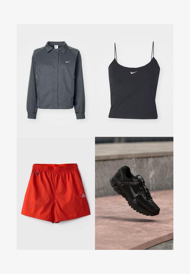 Nike Sportswear Chaqueta fina - black; Top negro sin mangas con escote redondeado, tirantes finos y un logo de Nike blanco centrado. Hecho de un tejido suave, con un diseño ajustado.; Pantalones cortos deportivos de color rojo brillante con cintura elástica, bolsillos laterales, pequeño mosquetón en el lado izquierdo y logotipo ACG en la pierna derecha.; Zapatilla deportiva negra con parte superior de malla, detalles texturizados y suela acolchada. Destacan las marcas de Nike en la lengüeta y elementos de diseño elegantes.