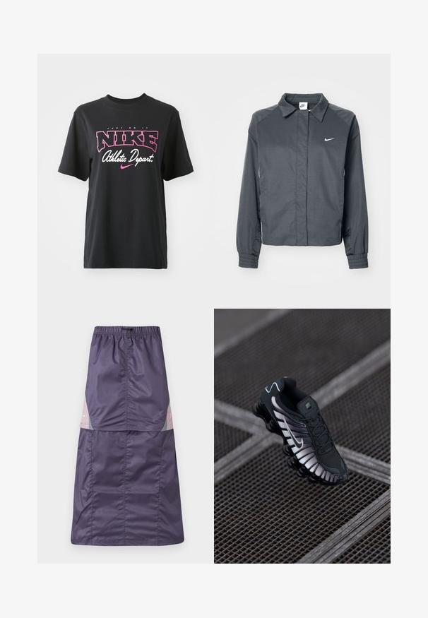 Nike Sportswear Let jakke / Sommerjakker - black; Sort bomulds T-shirt med grafisk print i pink og hvid med teksten "JUST DO IT," "NIKE," og "Athletic Depart." Standard pasform.; Lilla nylon nederdel med elastisk talje, der har farveblokpaneler i pink og grøn samt en lille hvid logo på den øverste del.; Sort atletisk sko med tekstureret mesh-overdel, sølv accenter, svangstøtte og polstret sål med en fremtrædende segmenteret design.