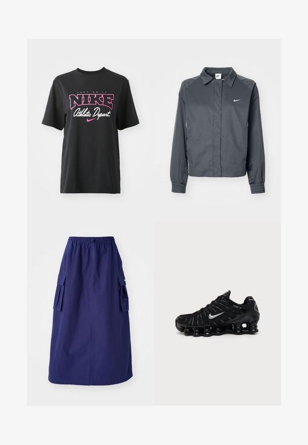 Nike Sportswear Letná bunda - black; Čierne bavlnené tričko s grafickým potlačou v ružovej a bielej farbe s textom "JUST DO IT", "NIKE" a "Athletic Depart". Štandardný strih.; Námornícky modrá sukňa strednej dĺžky s elastickým pásom, ktorá má dve bočné cargo vrecká a minimálnu logotlač. Hladká textúra látky.; Čierna Nike športová obuv so strieborným logom Swoosh, sieťovinovým a syntetickým zvrškom a výraznou segmentovanou podrážkou s poduškami.