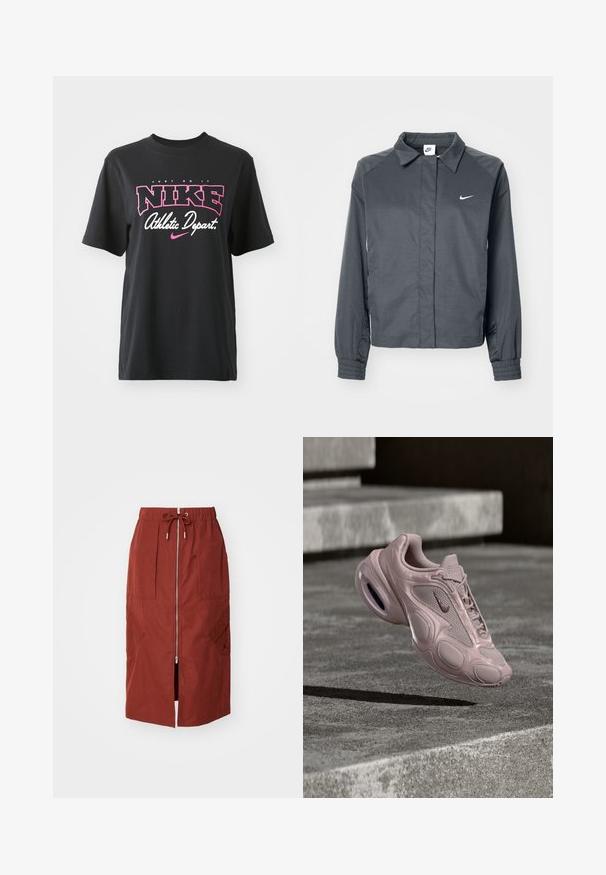 Nike Sportswear Letná bunda - black; Čierne bavlnené tričko s grafickým potlačou v ružovej a bielej farbe s textom "JUST DO IT", "NIKE" a "Athletic Depart". Štandardný strih.; Sukňa strednej dĺžky v terakotovo červenej farbe, s predným zipsom, elastickým pásom so šnúrkou a bočnými vreckami s geometrickým dizajnom.; Teniska Nike v svetloružovej farbe s vrškom zo sieťoviny, zaoblenou podrážkou a viditeľným odpružením. Hladká textúra s reliéfnymi detailmi.