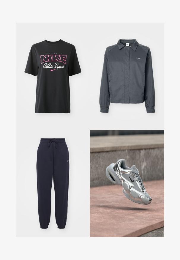 Nike Sportswear Letná bunda - black; Čierne bavlnené tričko s grafickým potlačou v ružovej a bielej farbe s textom "JUST DO IT", "NIKE" a "Athletic Depart". Štandardný strih.; Nike tepláky v námornej modrej farbe, vyrobené z mäkkého materiálu. Obsahujú elastický pás s šnúrkou a sťahovacie nohavice. Malý biely logotyp ako akcent.; Strieborné a sivé tenisky Nike Air s čiernym logom, ktoré kĺžu nad ružovkastým betónovým povrchom a kamenným pásom v pozadí.
