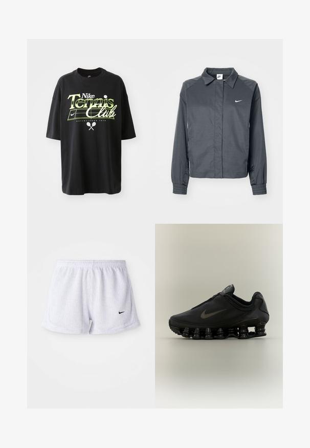 Nike Sportswear Veste légère - black; T-shirt en coton noir à manches courtes, avec un graphique "Nike Tennis Club" en vert et blanc, illustrant une balle de tennis et une raquette.; Shorts de sport blancs à côtes avec une taille élastique et un petit logo Nike noir en bas à gauche. Design simple et minimaliste.; Baskets Nike noires avec tige zippée et semelle segmentée distinctive en forme de ressort, présentées de profil sur un fond neutre.