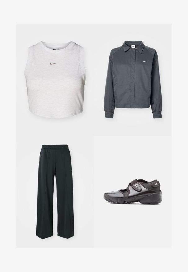 Nike Sportswear Let jakke / Sommerjakker - black; Hvid crop top lavet af blødt, tekstureret stof. Har en rund hals og uden ærmer med et lille guld Nike-logo på forsiden.; Sorte, brede atletiske bukser med elastisk talje. Lavet af glat, strækbart stof, med diskrete frontsyninger og ingen lommer.; Mørkebrune sportssko med en blank finish, velcrolukning, rundet tå og en tekstureret sål med polstrede designelementer.