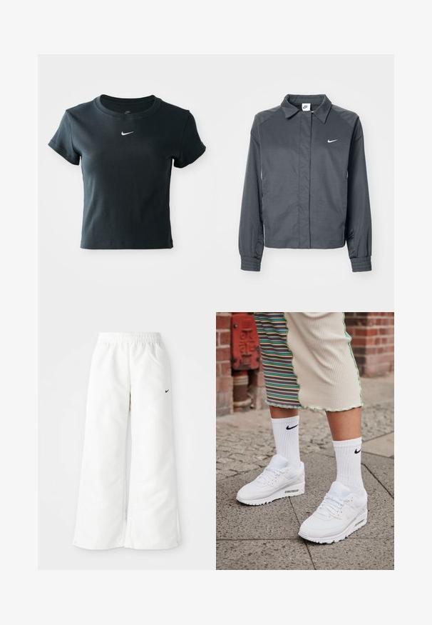Nike Sportswear Leichte Jacke - black; Schwarzes kurzärmliges, cropped T-Shirt aus weichem ribbeligem Stoff, mit einem kleinen weißen Nike-Logo auf der Brust.; Weiße Sporthose mit weitem Bein, elastischem Bund und kleinem schwarzen Nike-Logo auf der linken Seite. Glattes, leichtes Material.; Weiße Nike Air Max 90 Sneakers mit Obermaterial aus Mesh und Leder, ausgestattet mit einer sichtbaren Air-Einheit, kombiniert mit weißen gerippten Socken mit schwarzem Logo.