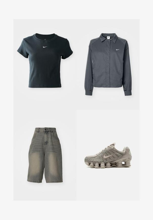 Nike Sportswear Letná bunda - black; Krátky rukáv, skrátené čierne rebrované tričko s mäkkou textúrou, so malým bielym logom Nike na hrudi.; Jaded London LIGHT WASH JUMBO JORTS - Denimové šortky - light wash; Svetlobéžová teniska Nike Shox s viditeľnou stĺpovitou tlmiacou podrážkou a vrchnými sieťovinovými detailmi.