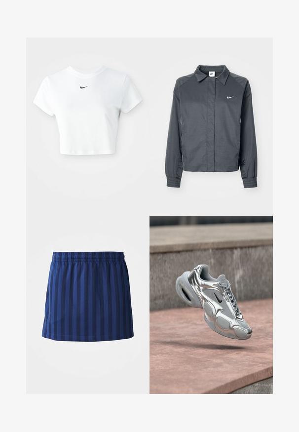 Nike Sportswear Let jakke / Sommerjakker - black; Hvid kortærmet t-shirt lavet af bomuld, med korte ærmer og rund halsudskæring, og med et sort Nike-logo på brystet.; Mørkeblå nederdel med lodrette striber, elastisk talje, længde til midten af låret, lavet af letvægtsstof, glat tekstur.; Sølv- og grå Nike Air-sneaker med sort swoosh, der svæver over en lyserød betonoverflade og stensokkel i baggrunden.