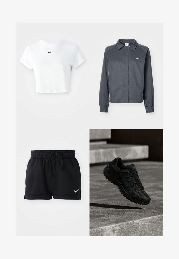 Nike Sportswear Suvejakk - black; Valge lühikeste varrukatega puuvillane lühike t-särk ümarate kaelustega, millel on rinna peal must Nike logo.; Mustad mustad jalgpalli šortsid pehmest kangast, elastse vöökoha ja nööriga, külgslõhedega ning väikese valge logoga allservas.; Mustad spordijalats võrgus ülaosaga, kummist tallaga ja keeruka paelumisega; omab kerget kõverust ning Nike brändingut.