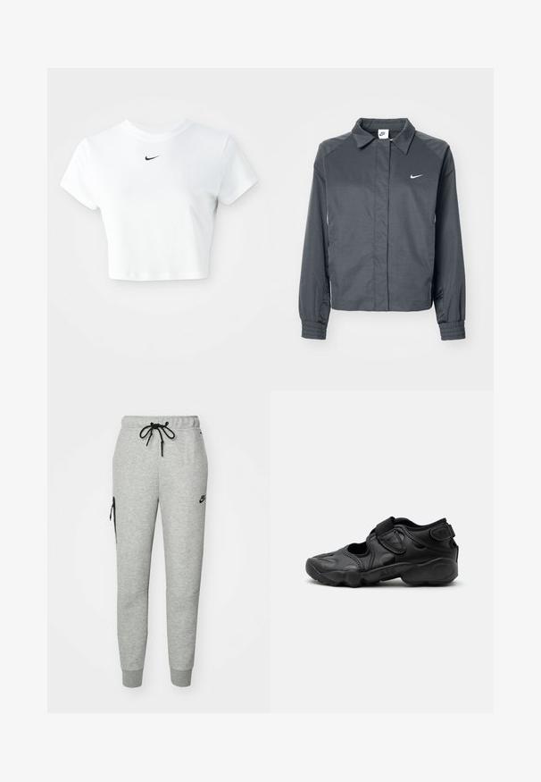 Nike Sportswear Suvejakk - black; Valge lühikeste varrukatega puuvillane lühike t-särk ümarate kaelustega, millel on rinna peal must Nike logo.; Hallide hallis dressipüksid pehmest kangast, millel on nööriga vöökoht, kitsenevad sääred ja lukuga tasku vasakul küljel. Omab musta logo.; Mustad sportlikud sandaalid suletud varbaga, takjakinnitused sääre keskosas ja kandadel ning paks pehmendusega tald, millel külgmisel küljel kiri "AIR".