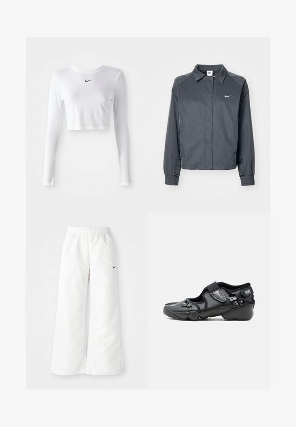 Nike Sportswear Letná bunda - black; Dlhý rukáv, skrátený atletický top z bielej látky, na hrudi má čierne logo Nike, hladký povrch a priliehavý strih.; Biele športové nohavice so širokým strihom, elastickým pásom a malým čiernym logom Nike na ľavej strane. Hladký, ľahký materiál.; Čierna Nike Air obuv s suchým zipsom, zdobená malými čiernymi kvetinovými ozdobami na boku a vpredu.