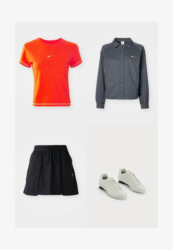 Nike Sportswear Letná bunda - black; Červené skrátené tričko vyrobené z bavlny, s rebrovaným okrúhlym výstrihom a krátkymi rukávmi. Na prednej strane zobrazuje malé biele logo Nike.; Čierna športová sukňa s elastickým pásom a nastaviteľnou šnúrkou. Obsahuje bočné rozparky, ľahkú látku a malú nášivku na leme.; Biele tenisky Nike s textúrovaným zvrškom, s hladkým krytom priehlavku a čiernymi akcentmi na polstrovaní. Viazací štýl s vystuženou pätou.