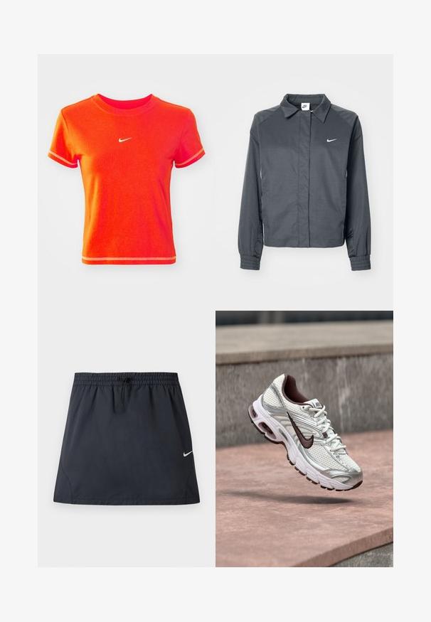 Nike Sportswear Let jakke / Sommerjakker - black; Rød cropped T-shirt lavet af bomuld, med en ribbet crew neck og korte ærmer. Viser et lille hvidt Nike-logo på fronten.; Sort atletisk nederdel med elastisk taljebånd og justerbar snøre, med en lille hvid Nike swoosh-logo på højre side.; Hvid og sølv Nike løbesko med sort swoosh-logo ophængt over en betonoverflade udendørs.