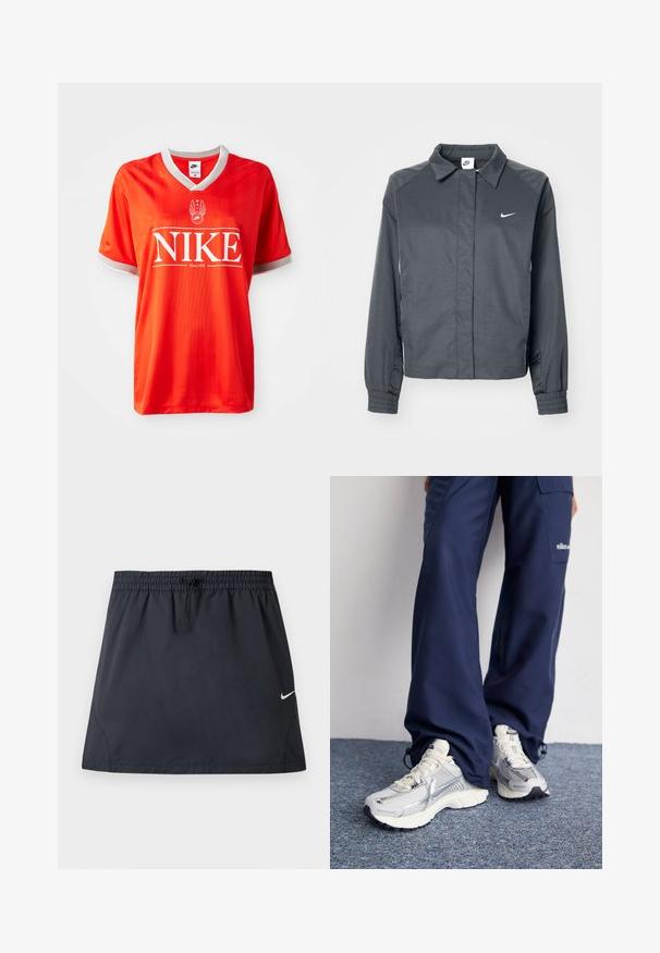 Nike Sportswear Veste légère - black; Maillot Nike rouge avec un col en V, bord gris sur les manches, et un grand logo "NIKE" blanc. Tissu lisse et léger avec un motif rayé subtil.; Jupe de sport noire avec taille élastique et cordon de serrage ajustable, présentant un petit logo Nike swoosh blanc sur le côté droit.; Baskets de sport Nike avec une tige en maille argentée, des accents blancs et des semelles texturées, associées à un pantalon marine ample.