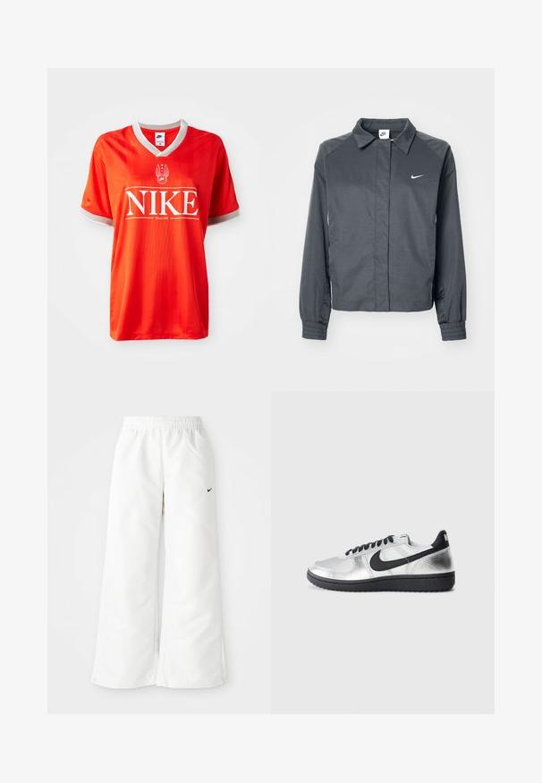 Nike Sportswear Kevyt takki - black; Punainen Nike-paita, jossa on V-kaula-aukko, harmaa reunus hihoissa ja suuri valkoinen "NIKE" -logo. Sujuva, kevyt kangas, jossa on hienovarainen raidallinen kuvio.; Valkoiset urheiluhousut, joissa on leveä lahjemuotoilu, joustava vyötärö ja pieni musta Nike-logo vasemmalla puolella. Sileä ja kevyesti laskeutuva materiaali.; Hopeinen ja musta Nike-matalavartinen kenkä mustalla swooshilla, mustilla nauhoilla ja mustalla pohjalla vaaleanharmaalla taustalla.
