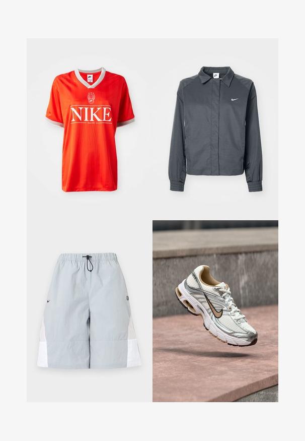Nike Sportswear Letná bunda - black; Červený dres Nike s výstrihom do V, šedým lemovaním na rukávoch a veľkým bielym logom "NIKE". Hladká, ľahká tkanina so jemným pruhovaným vzorom.; Svetlosivé športové šortky s bielymi bočnými panelmi, elastickým pásom a čiernou šnúrkou, zobrazené na jednoduchom pozadí.; Biely a strieborný bežecký Nike topánka s béžovým logom Swoosh, zobrazená vo vzduchu nad kamenným povrchom s rozmazaným sivým pozadím steny.