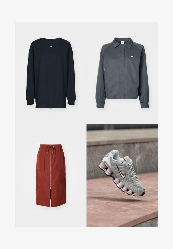 Nike Sportswear Letná bunda - black; Čierne tričko s dlhým rukávom z bavlny, s okrúhlym výstrihom. Na hrudi sa nachádza biele logo Nike. Jemná textúra, jednoduchý dizajn.; Sukňa strednej dĺžky v terakotovo červenej farbe, s predným zipsom, elastickým pásom so šnúrkou a bočnými vreckami s geometrickým dizajnom.; Svetlosivá teniska Nike s čiernym logom Swoosh, bielymi šnúrkami a charakteristickou pružnou podrážkou, zobrazená vznášajúca sa nad kamenným povrchom.