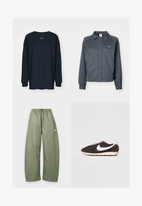 Nike Sportswear Chaqueta fina - black; Camiseta negra de manga larga hecha de algodón con cuello redondo. Presenta un logo blanco de Nike en el pecho. Textura suave, diseño sencillo.; Pantalones de corte suelto en color verde oliva con cintura elástica, cordón ajustable, bolsillos laterales y un pequeño logo verde claro en el muslo izquierdo.; Zapatilla Nike con una parte superior de textil marrón oscuro, acento de ante rosa, cordones blancos y una suela de color claro con un patrón de agarre texturizado.