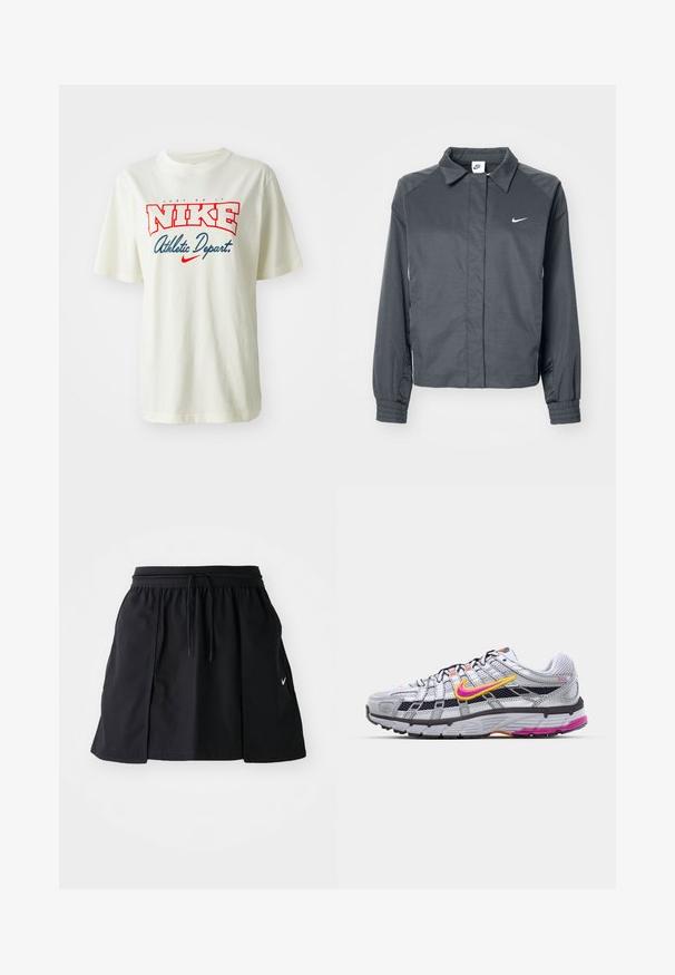 Nike Sportswear Letná bunda - black; Biele bavlnené tričko s červeným a modrým logom "NIKE", s textom "Just Do It" nad ním a "Athletic Depart." pod ním, krátke rukávy, okrúhly výstrih.; Čierna športová sukňa s elastickým pásom a nastaviteľnou šnúrkou. Obsahuje bočné rozparky, ľahkú látku a malú nášivku na leme.; Šedé bežecké topánky z materiálu mesh s charakteristickým ružovým a žltým piktogramom, čiernymi akcentmi a textúrovanou gumovou podrážkou. Obsahujú zosilnenú špičku a polstrovaný golier.